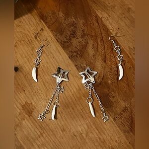 Handmade Silver Star Hair Clips And Dangle Earrings With Real Fox Teeth Pendants